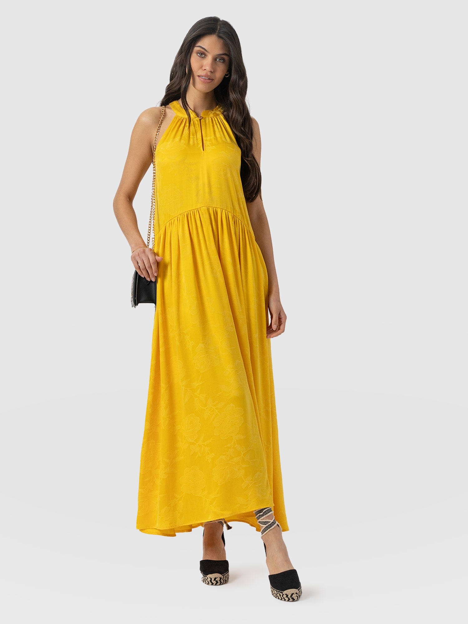 Zoey Halter Neck Dress - Yellow Jacquard